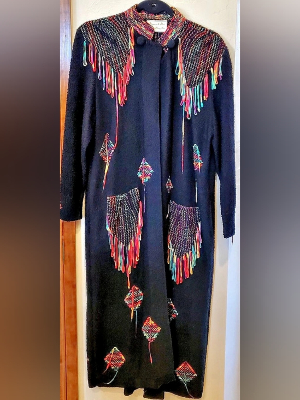 Maura & Mei Vintage Ribbon Embroidered Fringe Long Sweater in Black Size Small